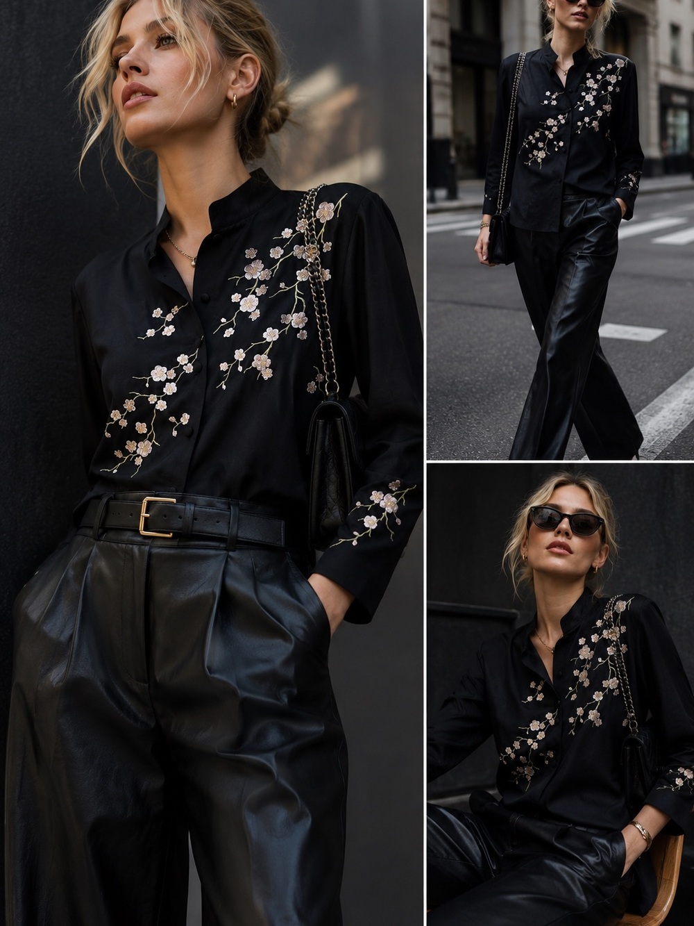 Yi Lin 100% Silk Embroidered Cherry Blossom Blouse XS Black Button Front Top
